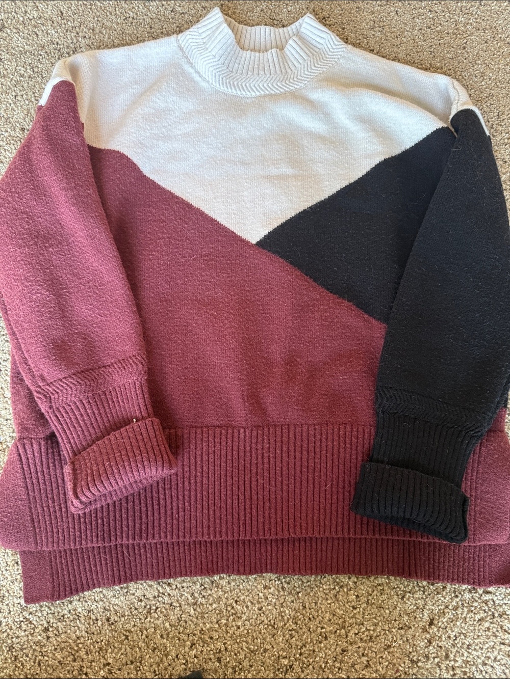 Colorblock Cowl Sweater in Burgundy, Cream & Black